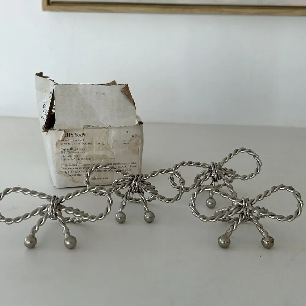 Vintage Silver Bow Napkin Rings Set of 4 Coquette Cottage Romantic Classic NEW - Picture 2 of 8